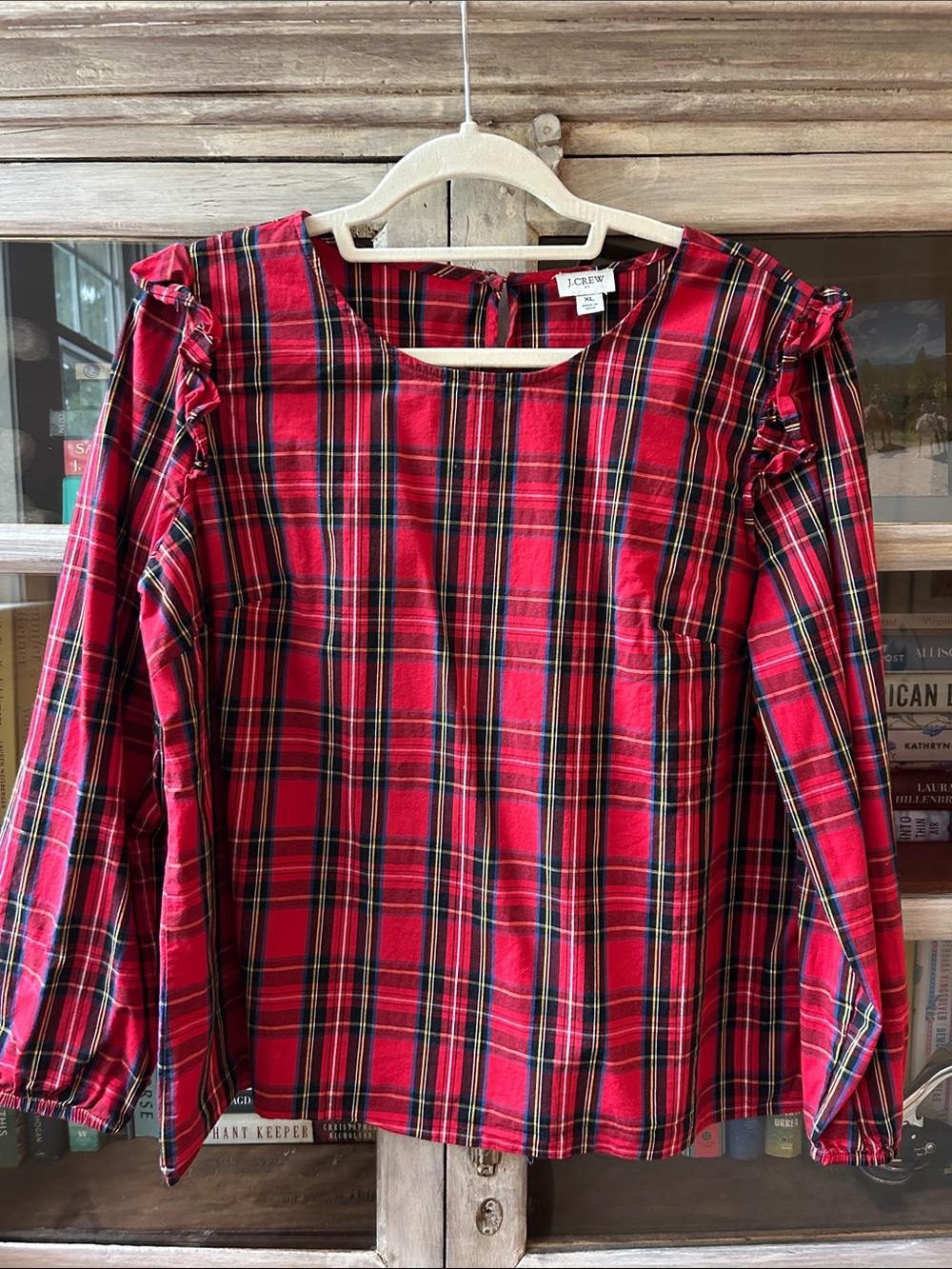 J. Crew Red Plaid Ruffle-Shoulder Dress Top
